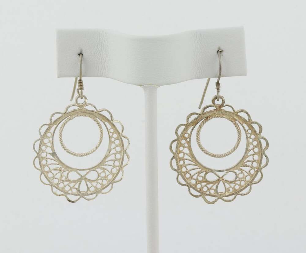Sterling Silver Filigree Bow Earrings Dangle Drop 1 3/4" x 1"